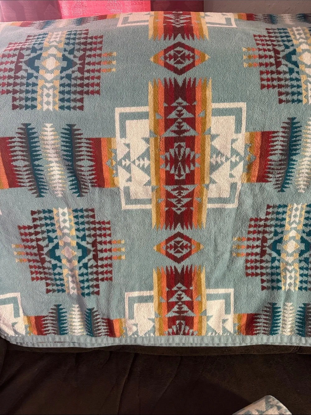 Pendleton Light Blue Bath Towel with Red, Orange & Yellow Southwestern Pattern